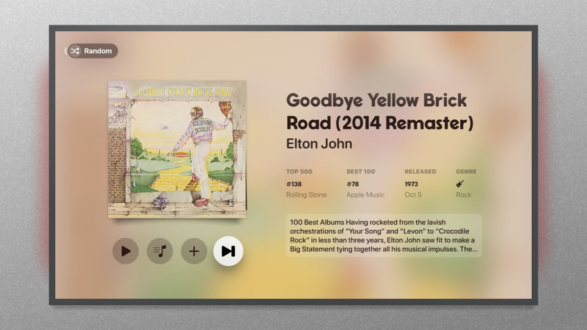 Rich album details and artwork displayed in NowPlaying for Apple TV