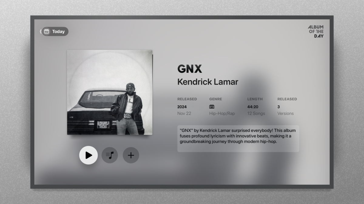 The Today view in NowPlaying for Apple TV showcasing a curated album